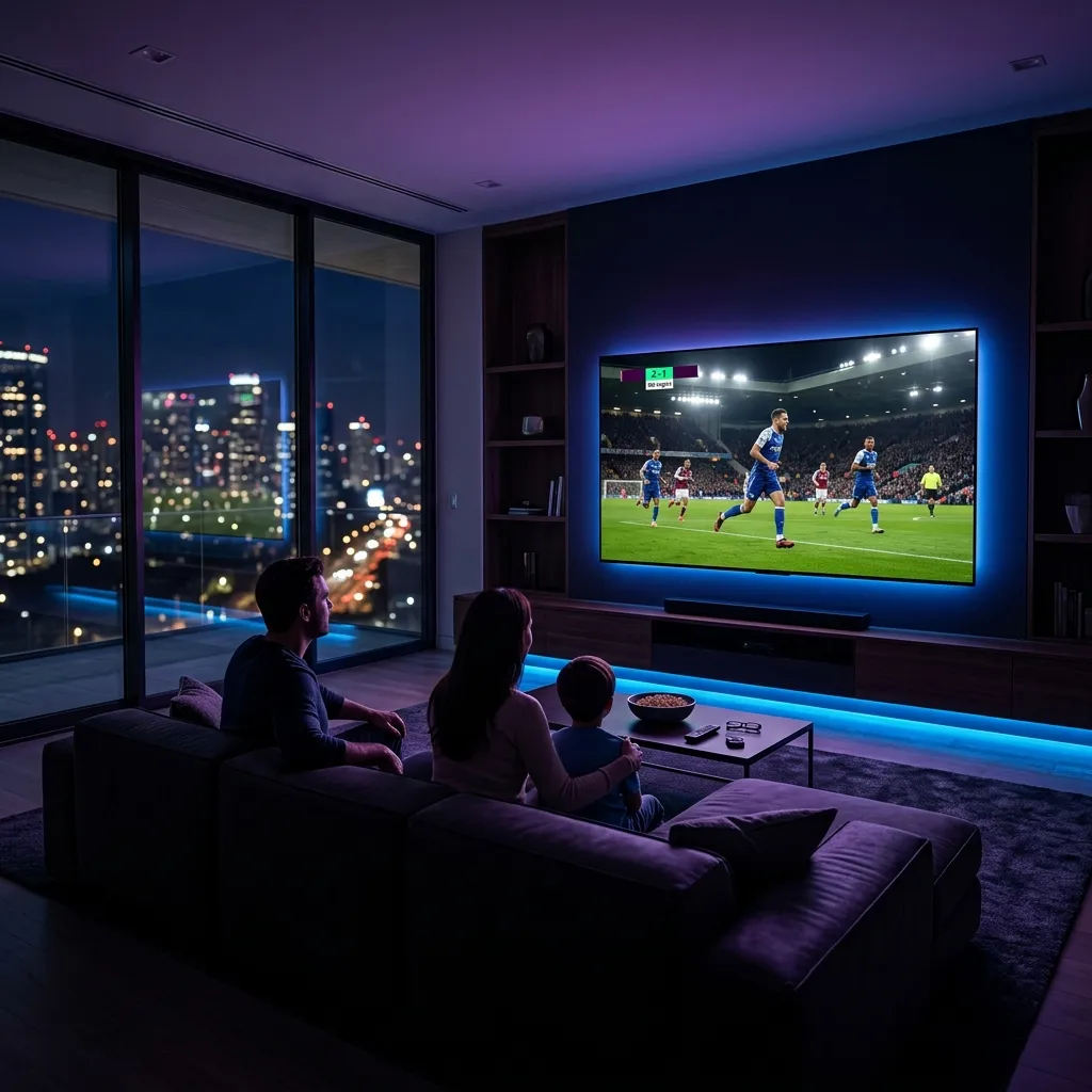 Family watching Zyminex IPTV on a large 4K TV